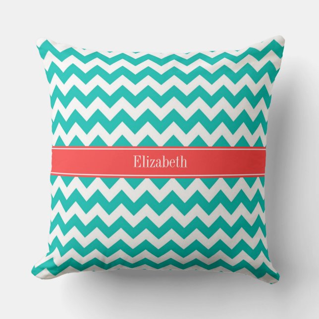 Teal White Chevron ZigZag Coral Namn Monogram Kudde (Framsida)