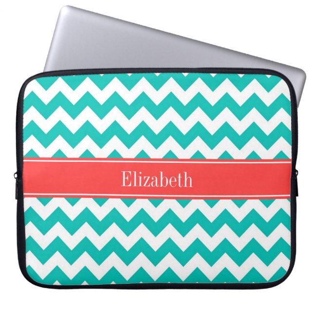 Teal White Chevron ZigZag Coral Namn Monogram Laptop Fodral (Framsidan)