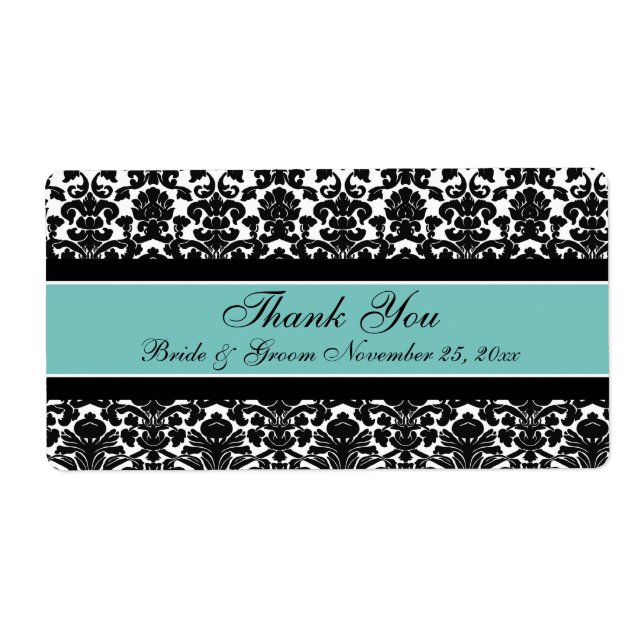 Teal White Damask WedLabels Fraktsedel (Framsidan)