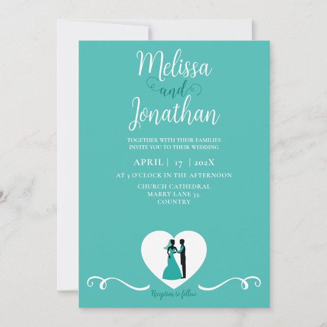 Teal White Elegant bröllop Bride and Groom Inbjudningar (Framsida)