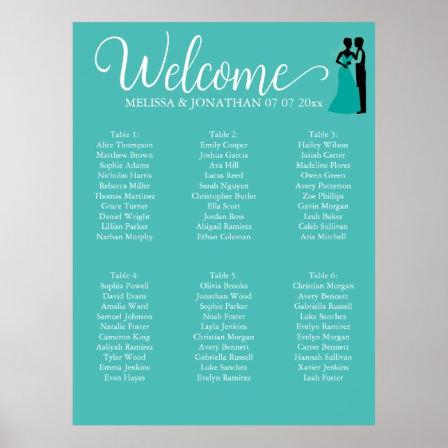 Teal White Elegant bröllop-sätesdiagram poster (Framsidan)