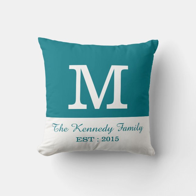 Teal White Färg Block Reversibel Family Monogram Kudde (Framsida)