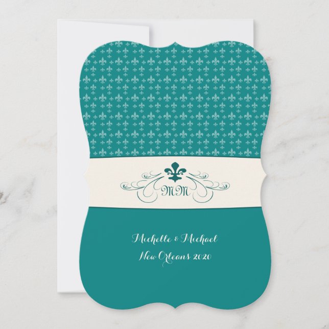 Teal White Fleur de Lis Bröllop Inbjudningar (Framsida)