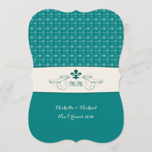 Teal White Fleur de Lis Bröllop Inbjudningar