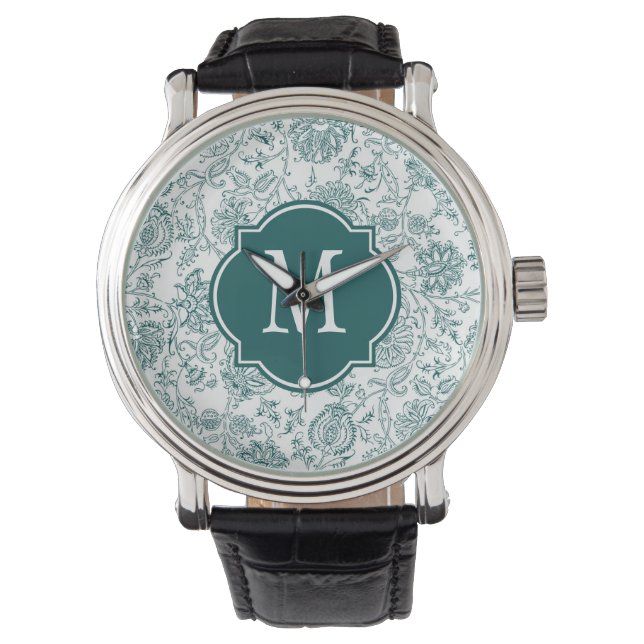Teal & White Flower Mönster Monogram Armbandsur (Framsida)