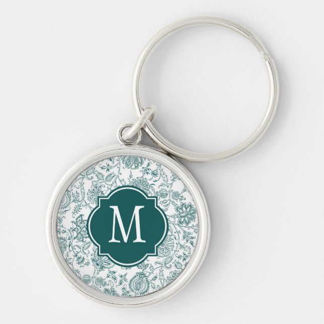 Teal & White Flower Mönster Monogram Rund Silverfärgad Nyckelring (Framsidan)