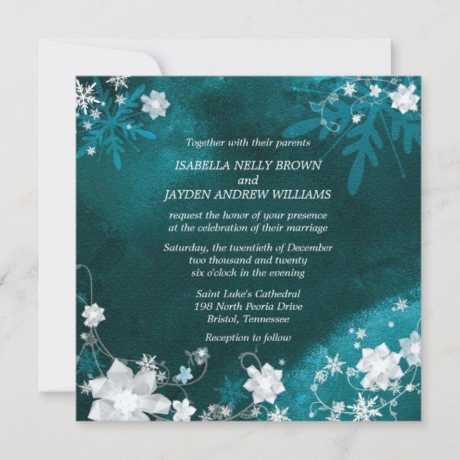 Teal White Frosty Winter Wedding Inbjudningar (Framsida)