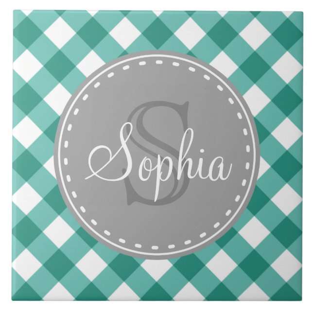 Teal White Gingham Play Mönster Monogram Kakelplatta (Framsidan)