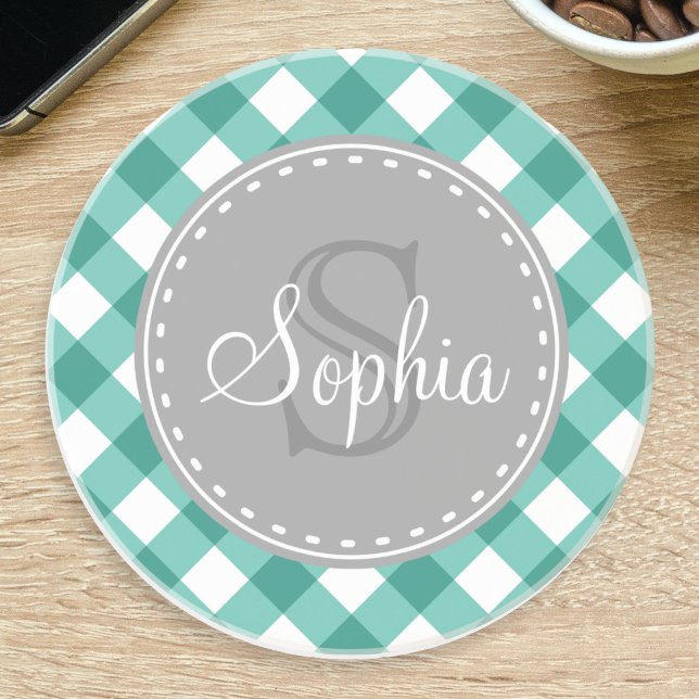 Teal White Gingham Play Mönster Monogram Underlägg Sandsten (Skapare uppladdad)