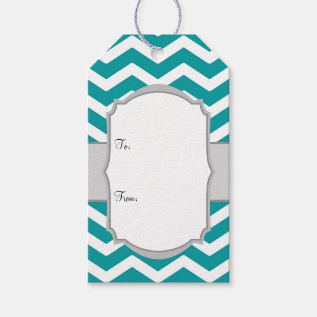 Teal White Grått Chevron Gift Märkres Presentetikett (Framsidan)