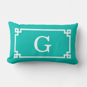 Teal White Grekiska Nyckel Ram #2 Initial Monogram Lumbarkudde