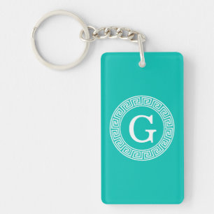 Teal White Grekiska Nyckel Round Ram Initial Monog