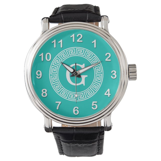 Teal White Grekiska Nyckel Round Ram Initial Monog Armbandsur (Framsida)
