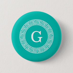 Teal White Grekiska Nyckel Round Ram Initial Monog Knapp