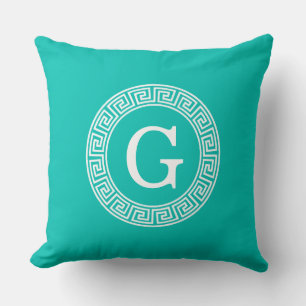 Teal White Grekiska Nyckel Round Ram Initial Monog Kudde