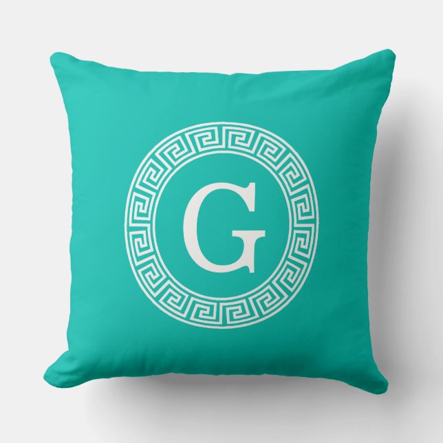 Teal White Grekiska Nyckel Round Ram Initial Monog Kudde (Framsida)