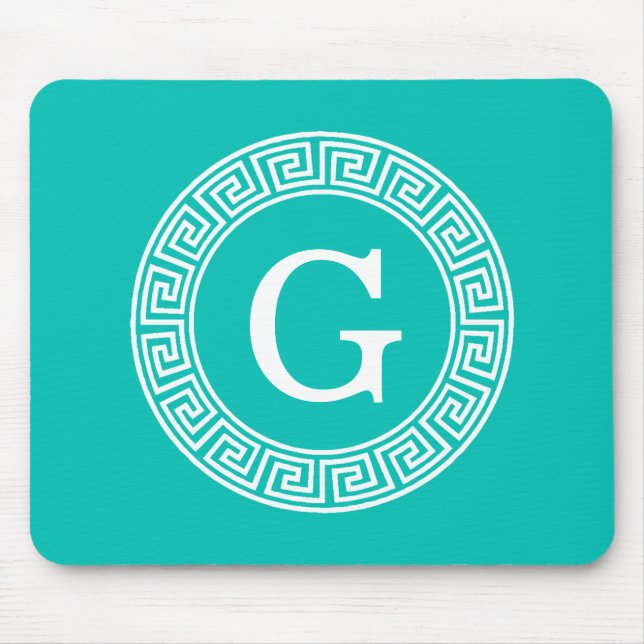 Teal White Grekiska Nyckel Round Ram Initial Monog Musmatta (Framsidan)
