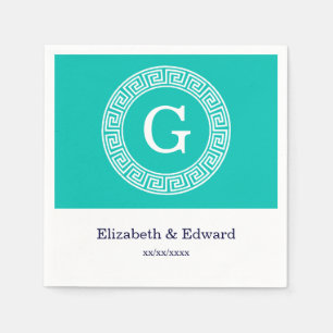 Teal White Grekiska Nyckel Round Ram Initial Monog Pappersservett