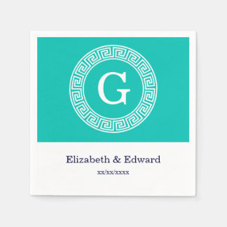 Teal White Grekiska Nyckel Round Ram Initial Monog Pappersservett
