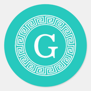Teal White Grekiska Nyckel Round Ram Initial Monog Runt Klistermärke