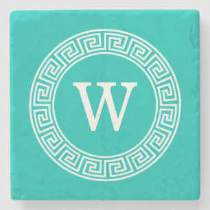Teal White Grekiska Nyckel Round Ram Initial Monog Underlägg Sten