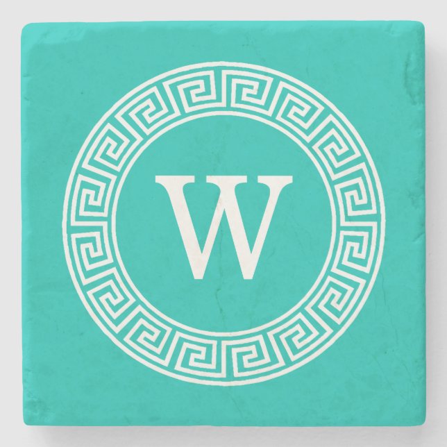 Teal White Grekiska Nyckel Round Ram Initial Monog Underlägg Sten (Framsidan)