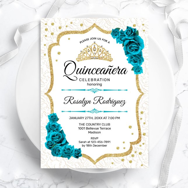 Teal White Guld Elegant Blommigt Quinceanera Inbjudningar (Skapare uppladdad)