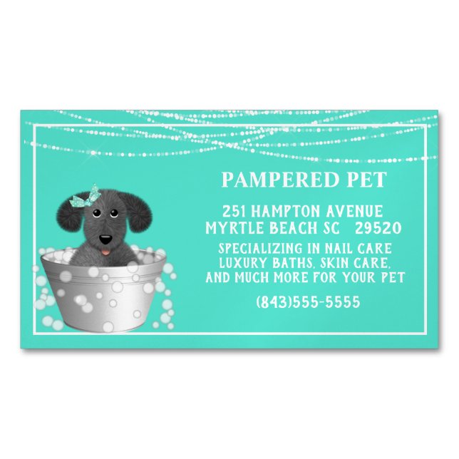 Teal White Hund in Tub Pet Groomer Magnetiska Visitkort (Framsida)