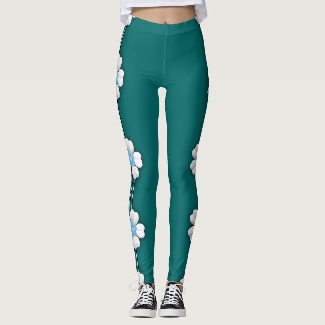 Teal White Lotus Vatten Lily Heart Leggings (Framsida)