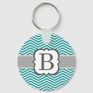 Teal White Monogram Brev B Chevron Nyckelring