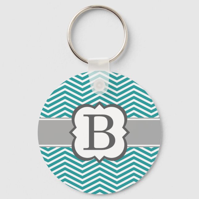 Teal White Monogram Brev B Chevron Nyckelring (Framsida)
