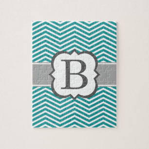 Teal White Monogram Brev B Chevron Pussel