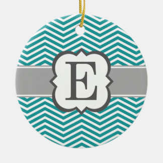 Teal White Monogram Brev E Chevron Julgransprydnad Keramik