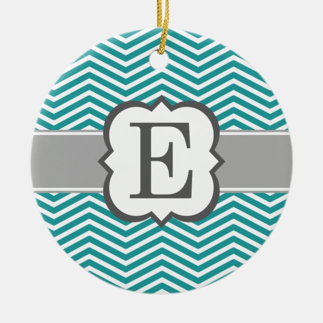 Teal White Monogram Brev E Chevron Julgransprydnad Keramik (Framsidan)