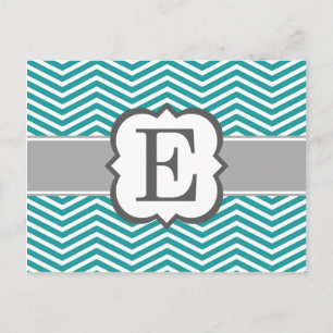 Teal White Monogram Brev E Chevron Vykort