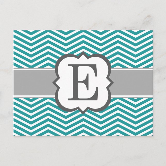 Teal White Monogram Brev E Chevron Vykort (Framsida)