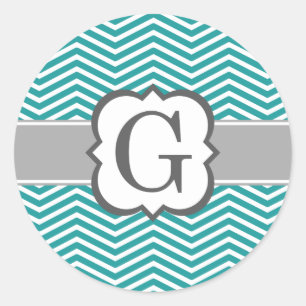 Teal White Monogram Brev G Chevron Runt Klistermärke