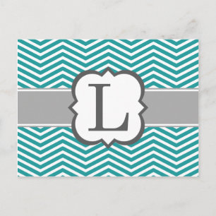 Teal White Monogram Brev L Chevron Vykort
