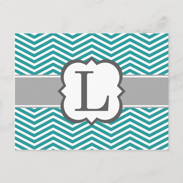 Teal White Monogram Brev L Chevron Vykort (Framsida)