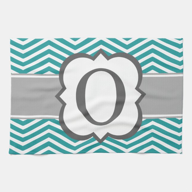 Teal White Monogram Brev O Chevron Kökshandduk (Horisontell)