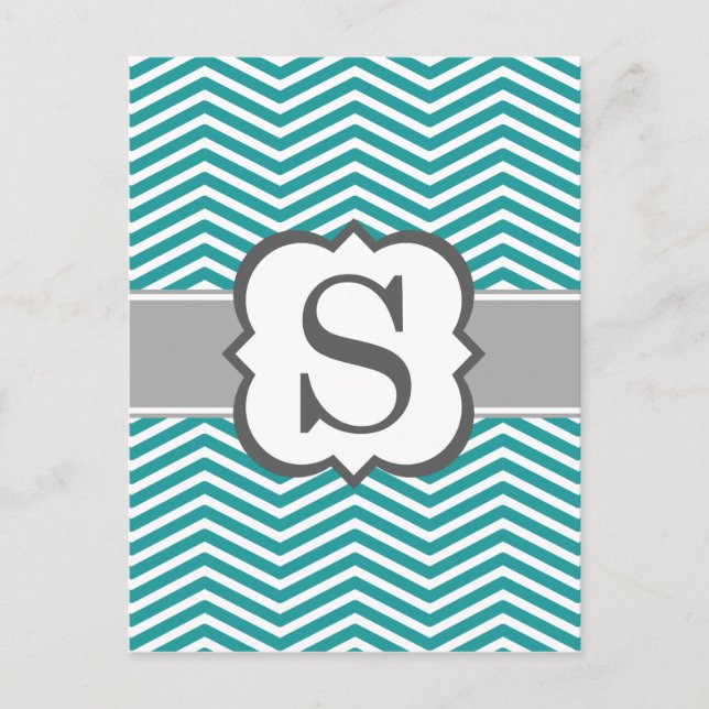 Teal White Monogram Brev S Chevron Vykort (Framsida)