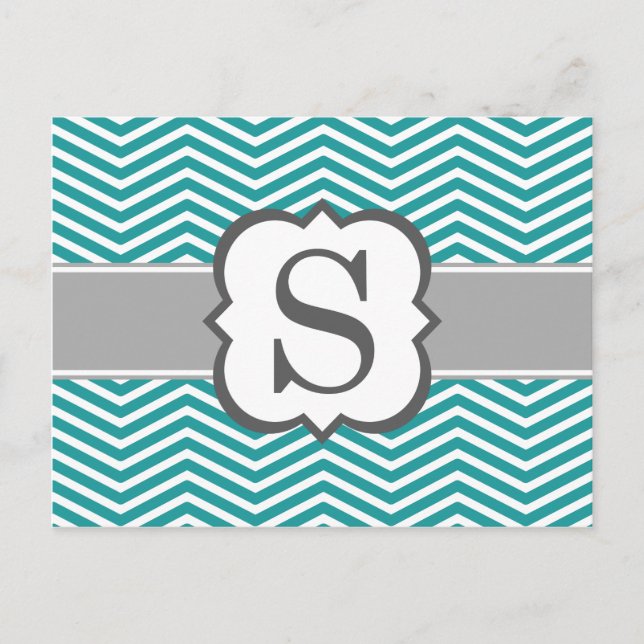 Teal White Monogram Brev S Chevron Vykort (Framsida)