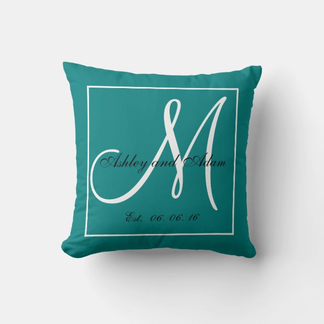Teal White Monogram Bröllop Keepsaké Pillow Kudde (Framsida)