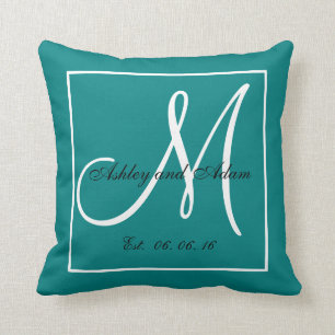 Teal White Monogram Bröllop Keepsaké Pillow Kudde