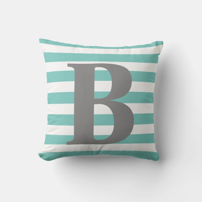 Teal White Rand Monogram Initial Square Kudde (Framsida)