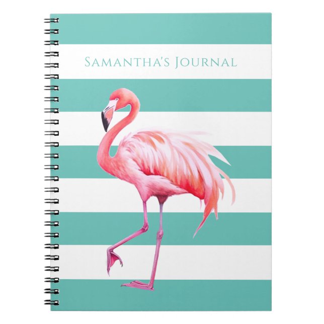 Teal White Rand Rosa Flamingo Personlig Namn Anteckningsbok (Framsidan)