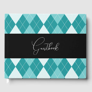 Teal & White Retro Argyle Bröllop Gästböcker