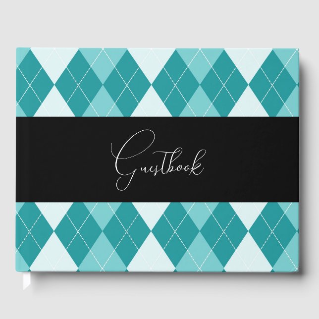 Teal & White Retro Argyle Bröllop Gästböcker (Framsida)