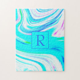 Teal White Rosa Vågar Monogram Abstrakt Mönster Pussel