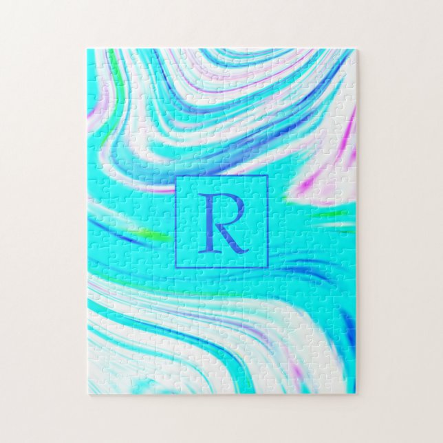 Teal White Rosa Vågar Monogram Abstrakt Mönster Pussel (Vertikal)